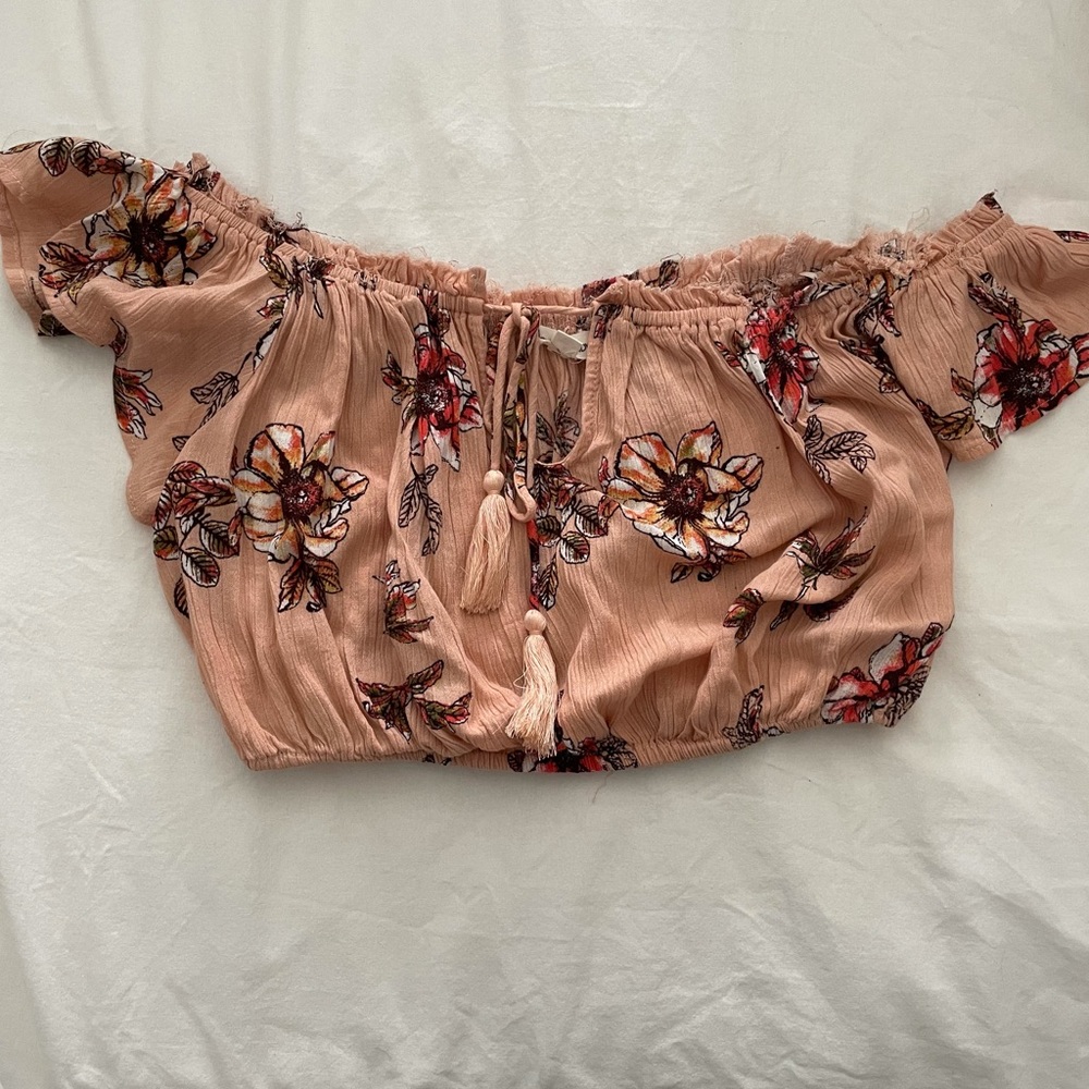 coral off the shoulder crop top with floral design